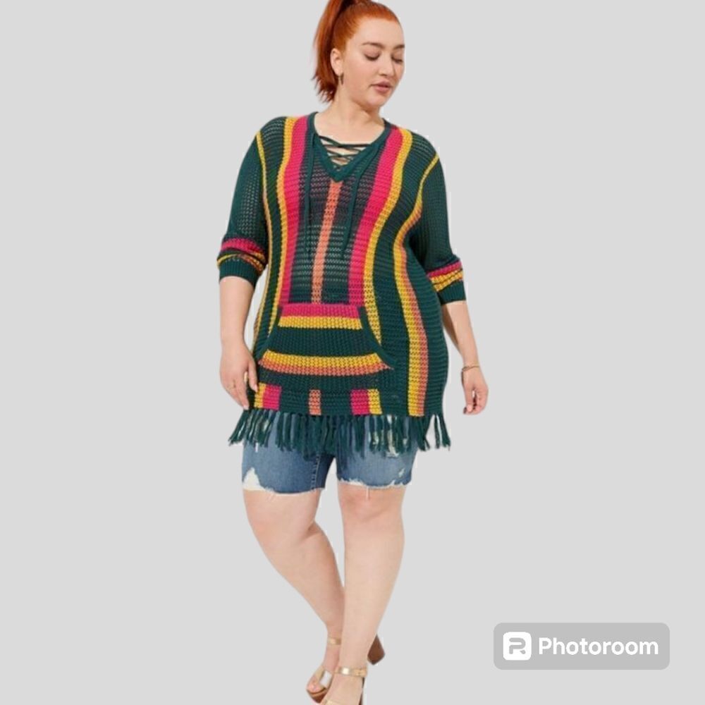 4X 26W Torrid Green Yellow Stripe Open Stitch Pullover Sweater Pocket Fringe lon